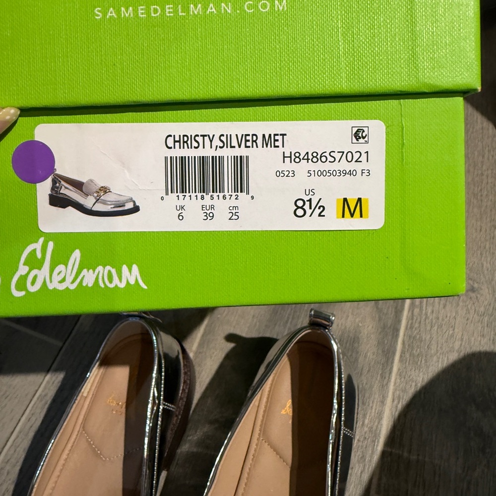 Sam Edelman Christy Silver Metallic Leather Women's Loafers with Chain Accent - Picture 8 of 9